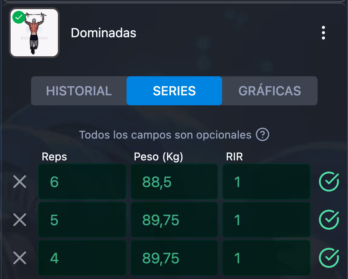 Series de ejercicio "Dominadas" en la app de Kaizengains