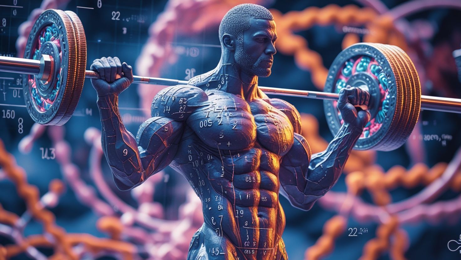Un hombre virtual con una barra de pesas con simbología científica alrededor