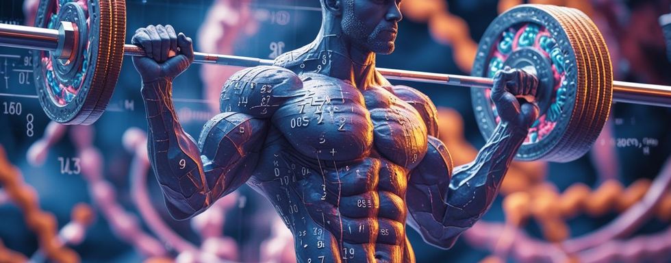 Un hombre virtual con una barra de pesas con simbología científica alrededor