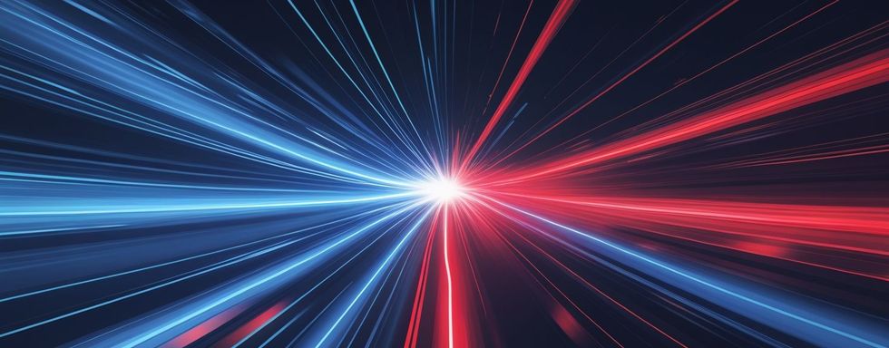 Líneas de rojo y azul eléctrico convergentes hacia el centro