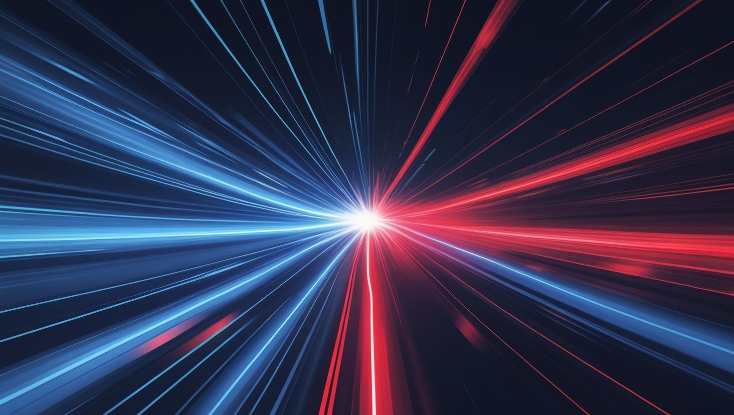 Líneas de rojo y azul eléctrico convergentes hacia el centro