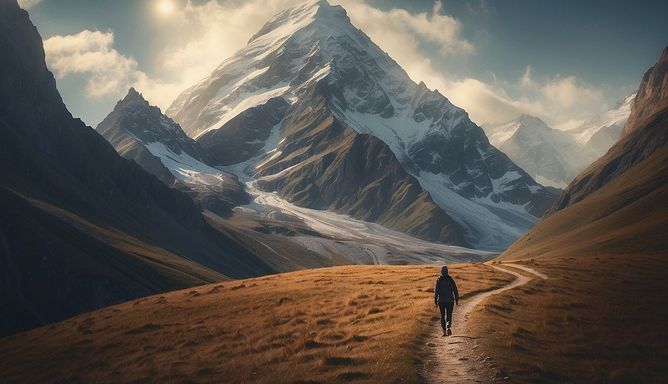 Una persona caminando por un largo sendero hacia una montaña nevada a lo lejos
