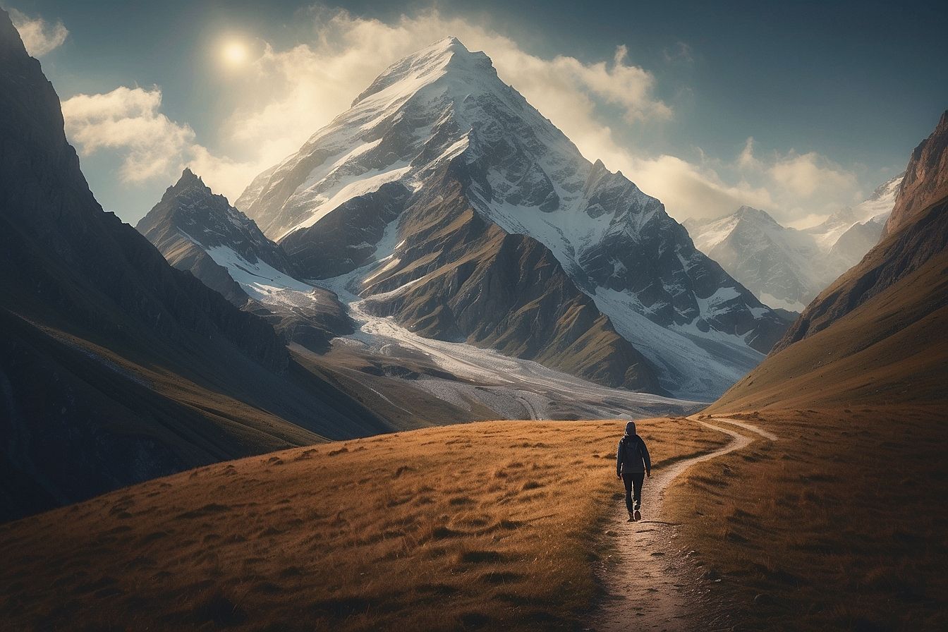 Una persona caminando por un largo sendero hacia una montaña nevada a lo lejos