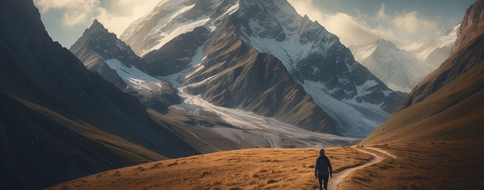 Una persona caminando por un largo sendero hacia una montaña nevada a lo lejos